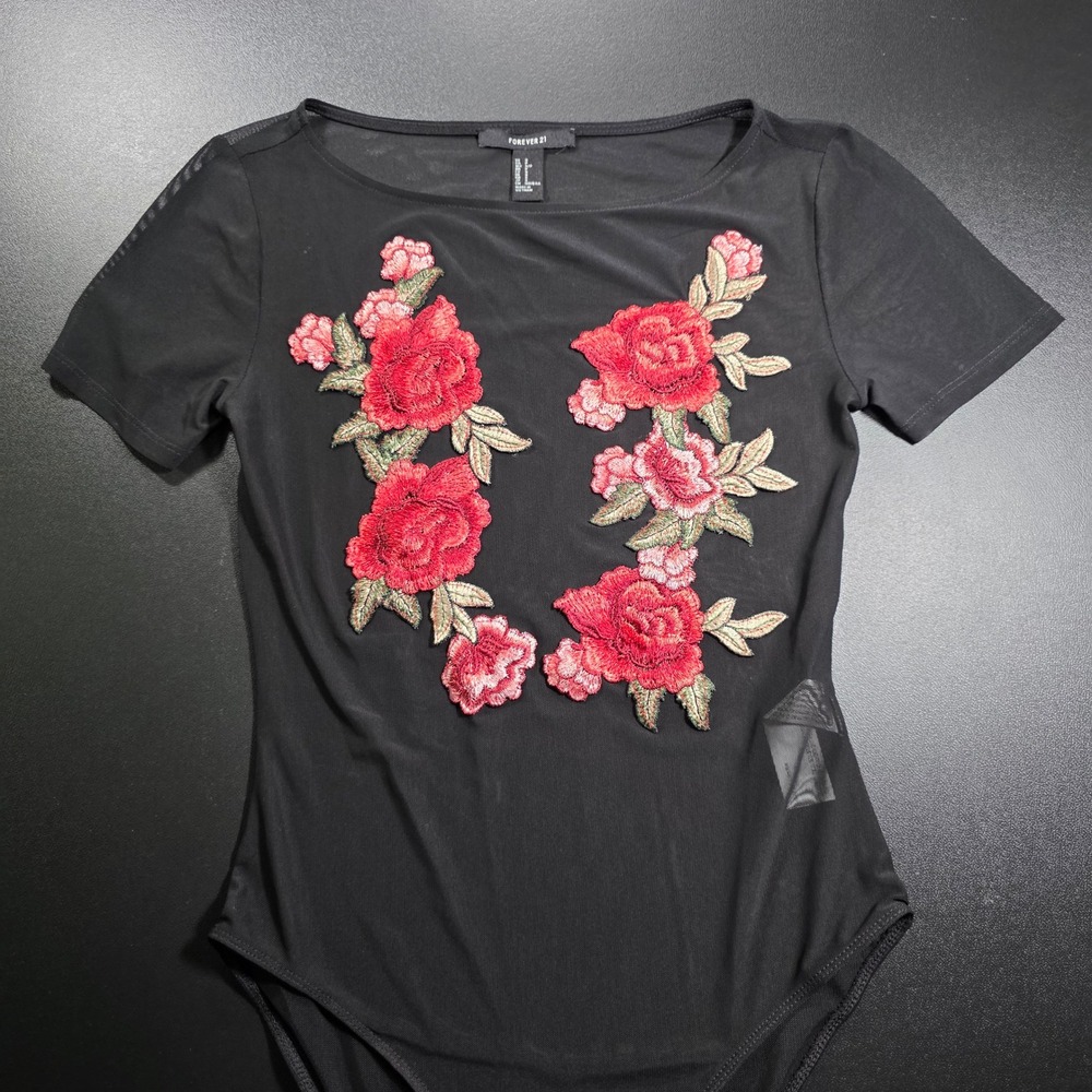 Forever 21 Black Sheer Mesh Floral Embroidered Rose Bodysuit Short Sleeve Small